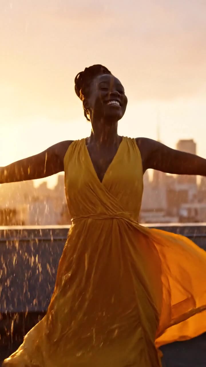 AI video of a woman in a yellow dress dancing in the rain on a rooftop at golden hour
