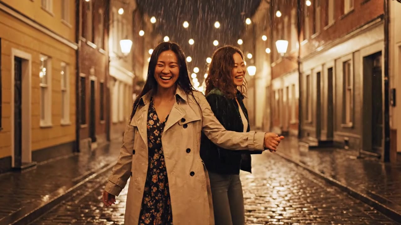 AI video of two friends dancing in the rain on a cobblestone street under string lights