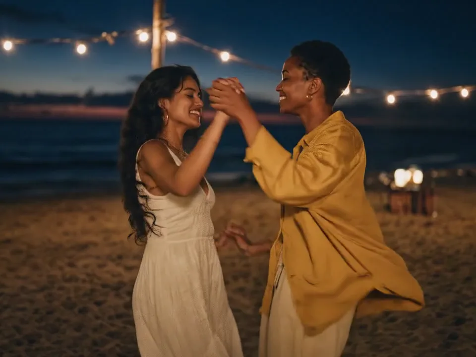 Raindance AI video of two friends dancing on a beach at night under string lights