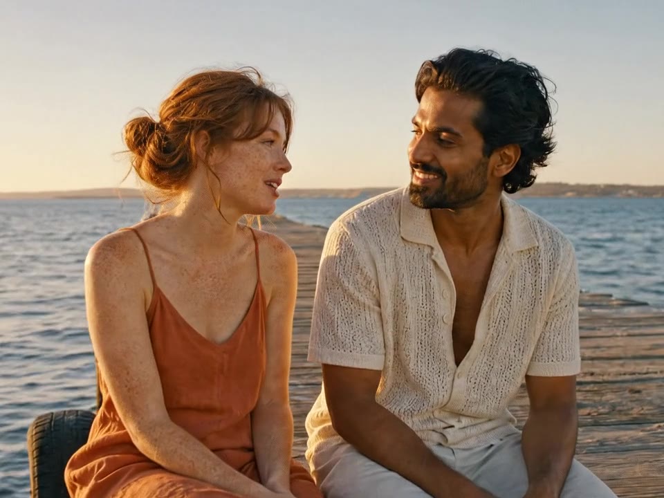 Raindance AI video of a couple singing to each other on a wooden pier at sunset