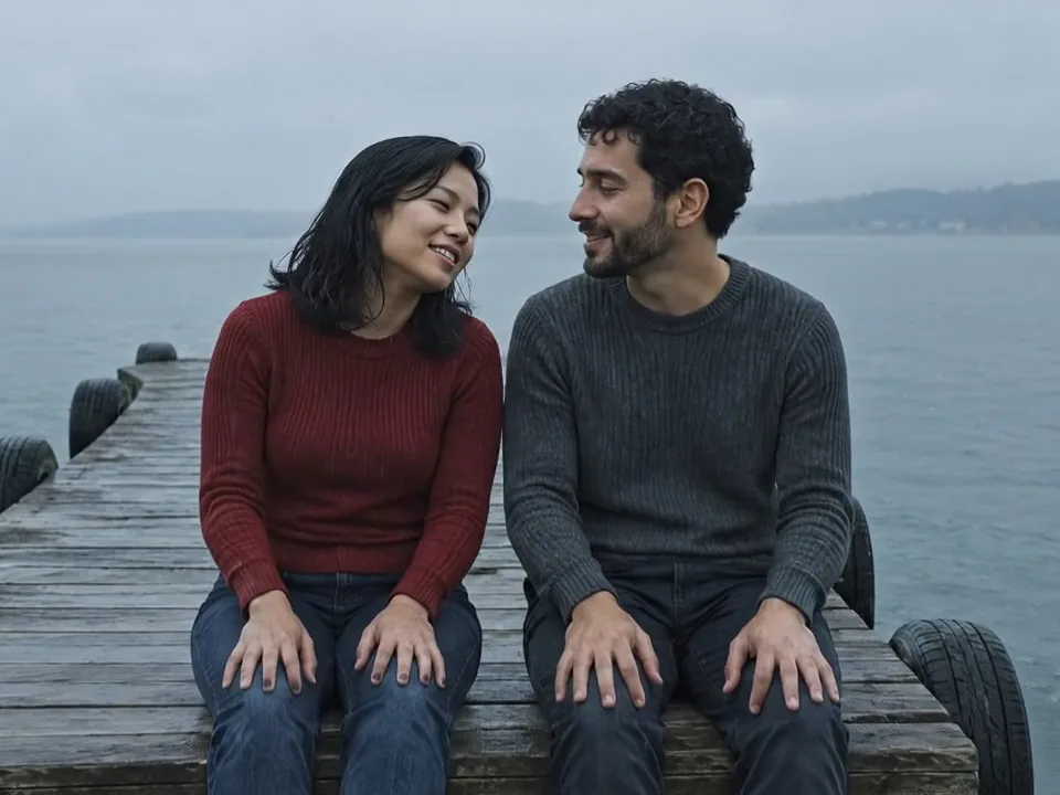 Raindance AI video of two people singing to each other on a wooden pier on a grey rainy day